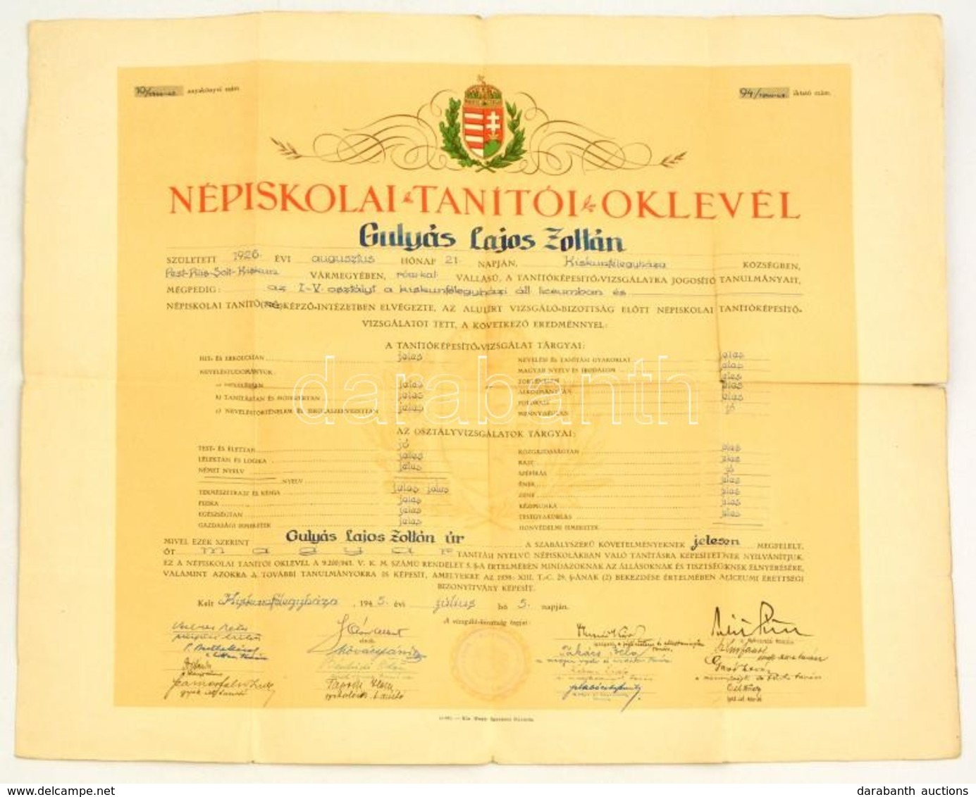 1926 Népiskolai Tanítói Oklevél, Aláírásokkal, 42x49 Cm - Unclassified