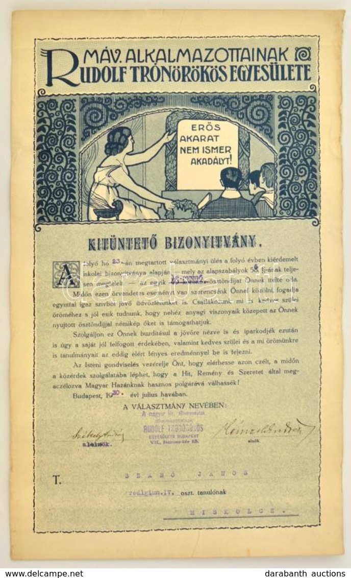 1930 MÁV Alkalmazottainak Rudolf Trónörökös Egyesületének Díszes Fejléces Bizonyítványa, 36x22 Cm - Unclassified