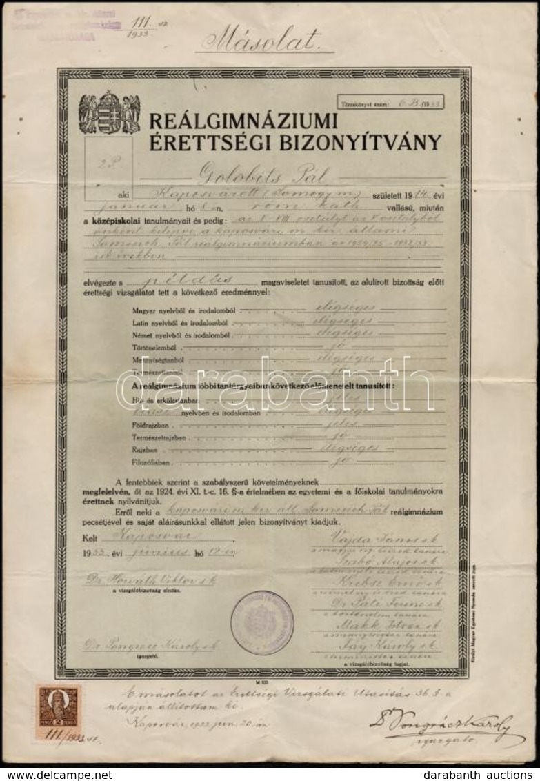 Kaposvár 1933 Reálgimnáziumi Bizonyítvány - Unclassified