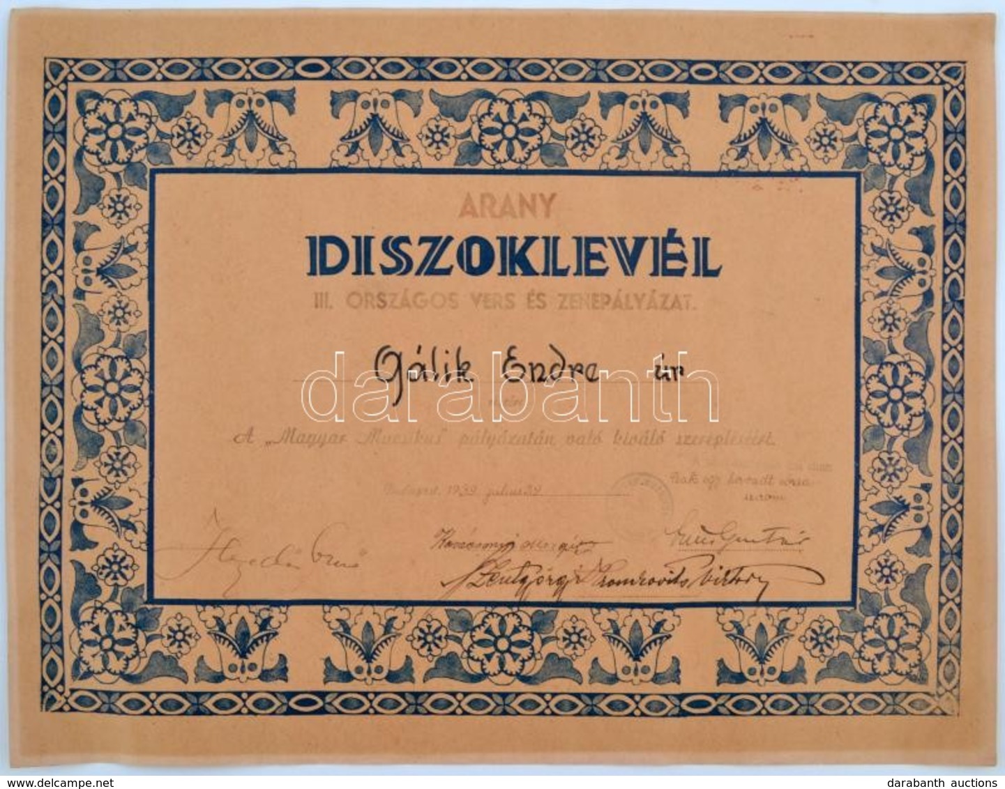 1939 A Magyar Muzsikus Arany Díszoklevele Gálik Endre (1907-?) Zeneszerzőnek A III. Országos Vers- és Zenepályázaton Nyú - Unclassified