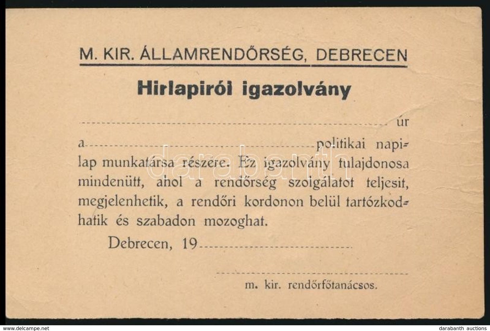 Cca 1940 Debrecen, M. Kir. Államrendőrség, Kitöltetlen Hírlapírói Igazolvány - Unclassified