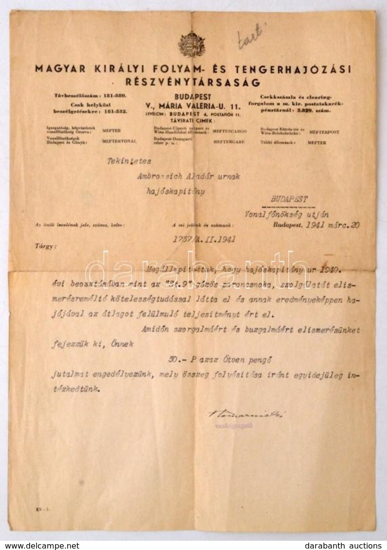 1941 Magyar Folyam és Tengerhajózási Részvénytársaság Jutalomról értesítés Az ST 9. Hajó Kapitányának - Unclassified