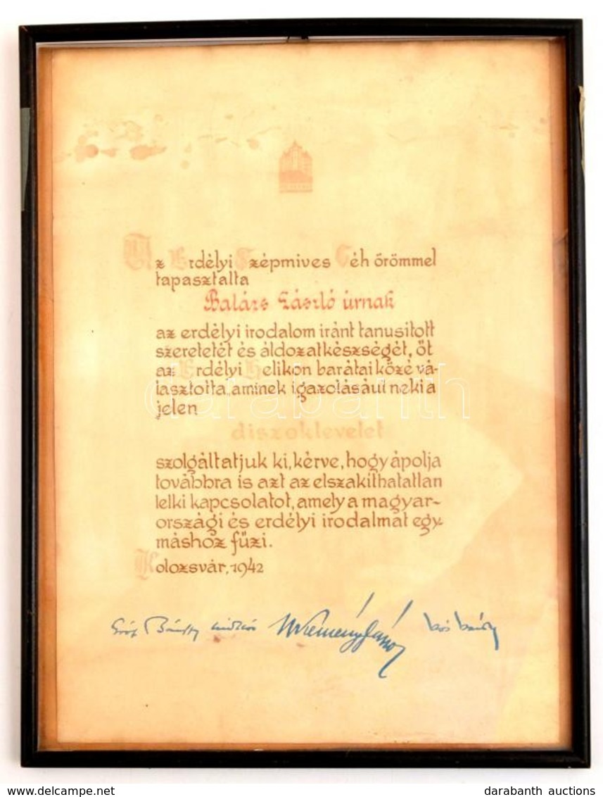 1942 Kolozsvár, Az Erdélyi Szépmíves Céh által Ajándékozott Díszoklevél, Nyomtatott Aláírásokkal, Kifakult állapotban, ü - Unclassified