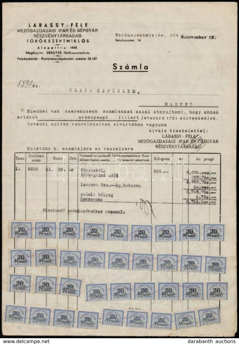 1945 Törökszentmiklós, Lábassy-féle Mezőgazdasági Ipar és Gépgyár Rt. Számlája, Inflációs (337 Db 20 P. és 2 Db 5 P.) Il - Unclassified