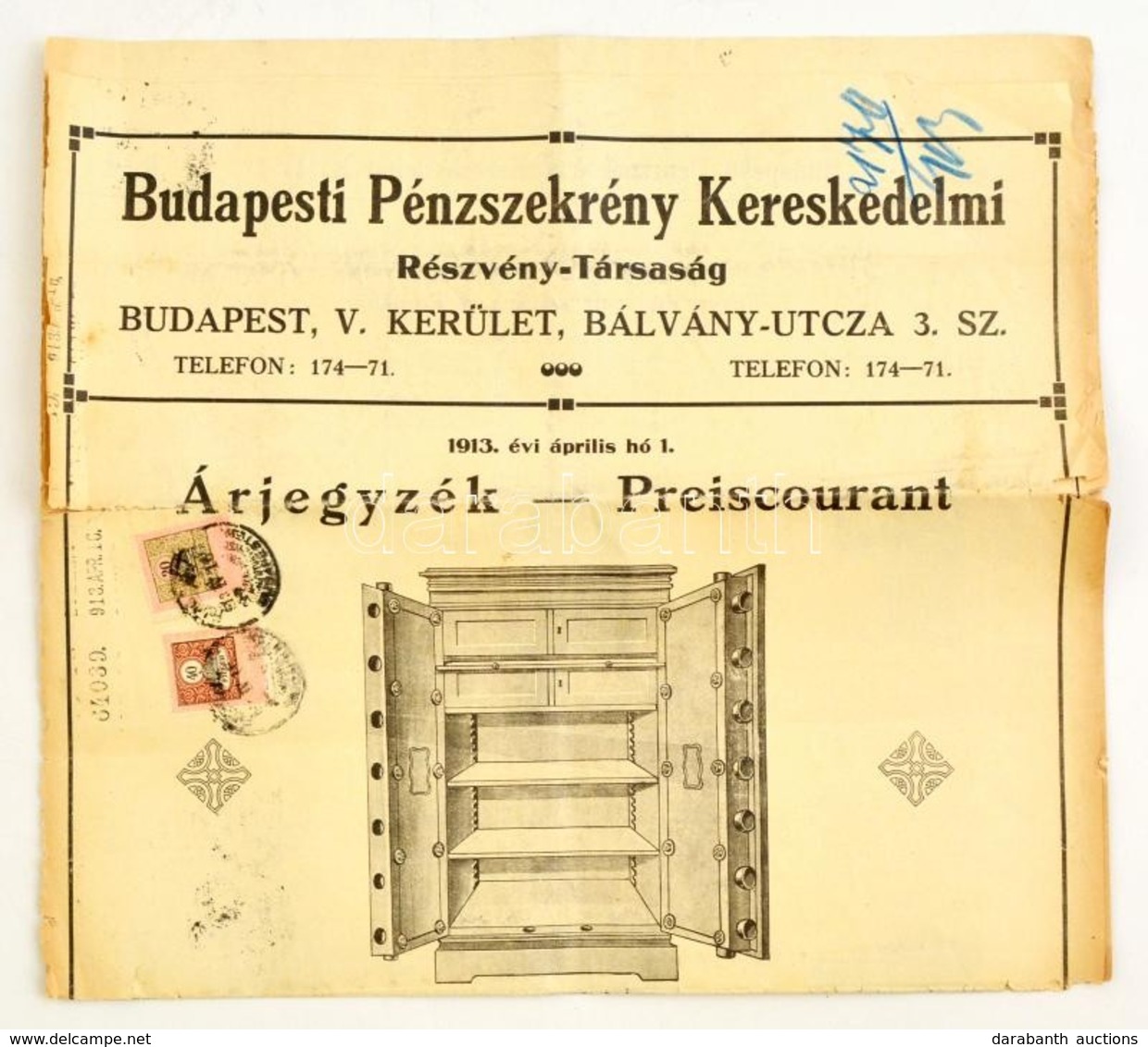 1913 A Budapesti Pénzszekrény Kereskedelmi Rt. árjegyzéke, Illusztrációkkal, Kissé Megviselt állapotban, Illetékbélyegge - Advertising