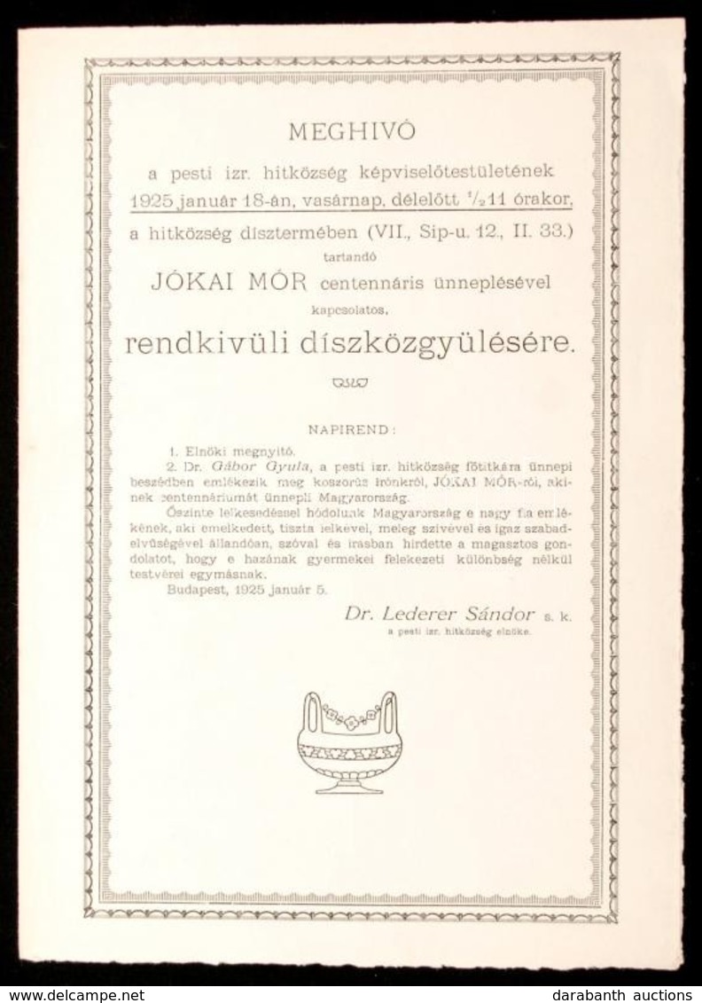 1925 Meghívó A Pesti Izraelita Hitközség Jókai ünnepére - Sonstige & Ohne Zuordnung