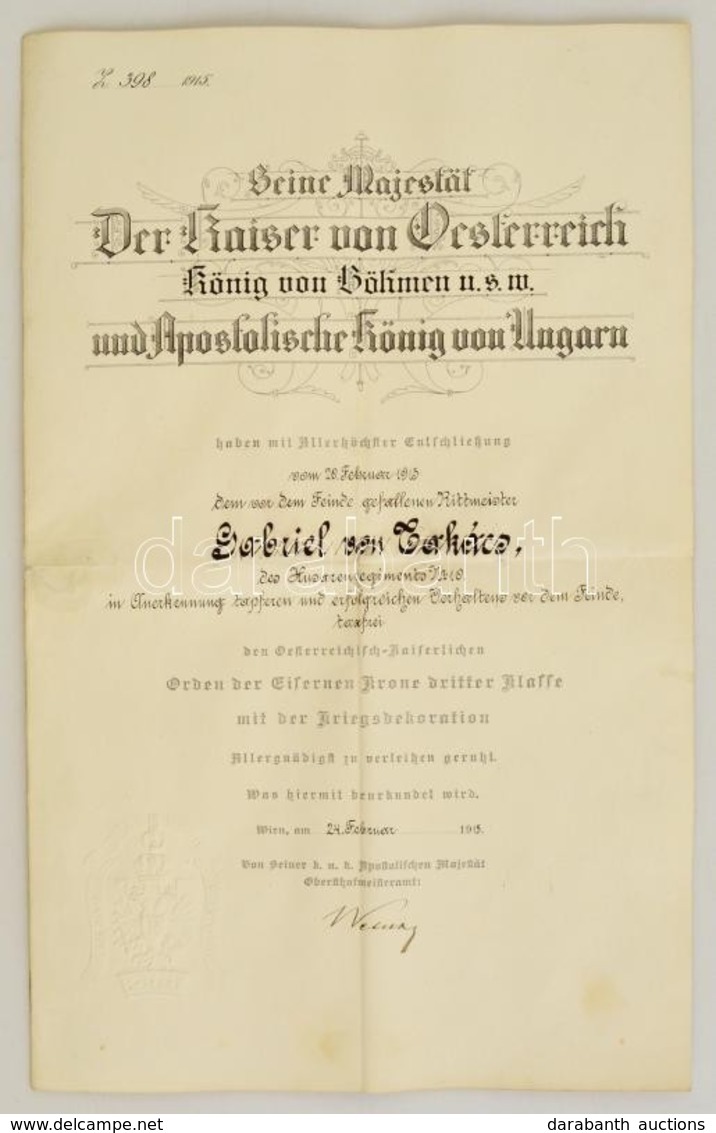 1915 Az Osztrák Császári Vaskorona-rend 3. Osztálya Posztumusz Adományozólevele Péteri Takáts Gábor (1877-1914) A 10. Hu - Altri & Non Classificati