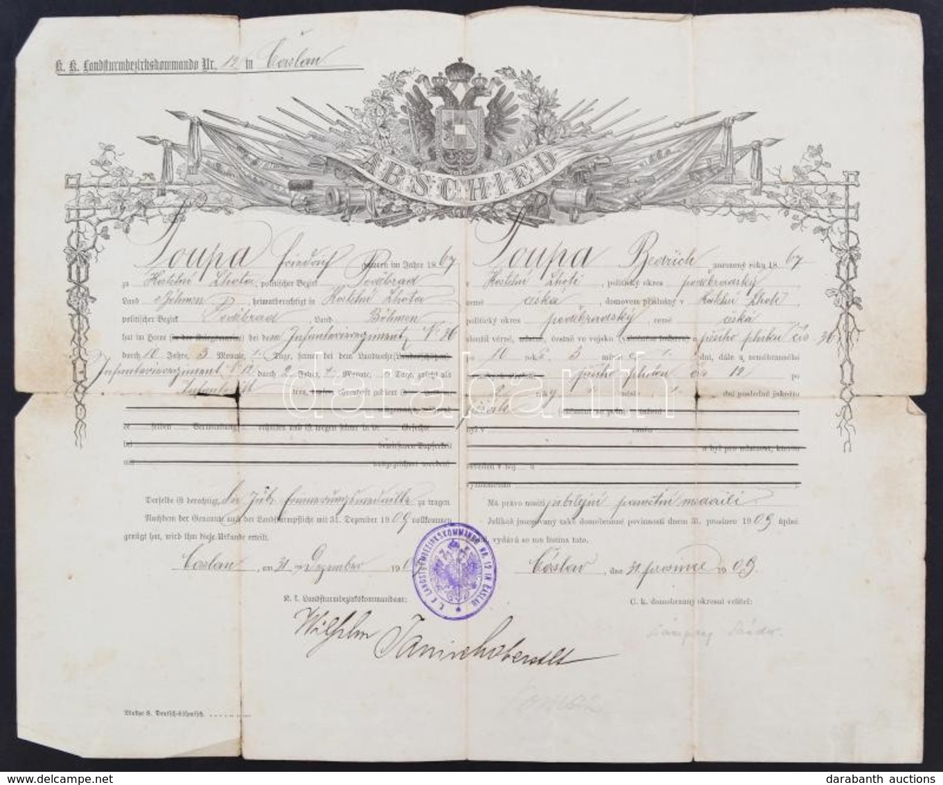 1909 Osztrák-Cseh Végelbocsájtó Levél, Obsit. Szakadásokkal. / Austrian- Czech Disarmement Letter With Tears - Altri & Non Classificati