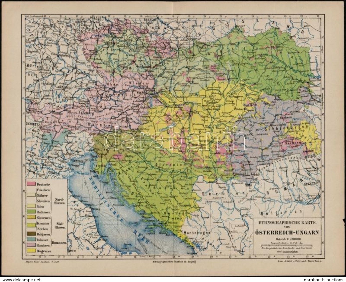 Cca 1900 Ethnographische Karte Von Österreich-Ungarn, Meyers Konv.-Lexikon, 4. Aufl.,  24x30 Cm - Other & Unclassified