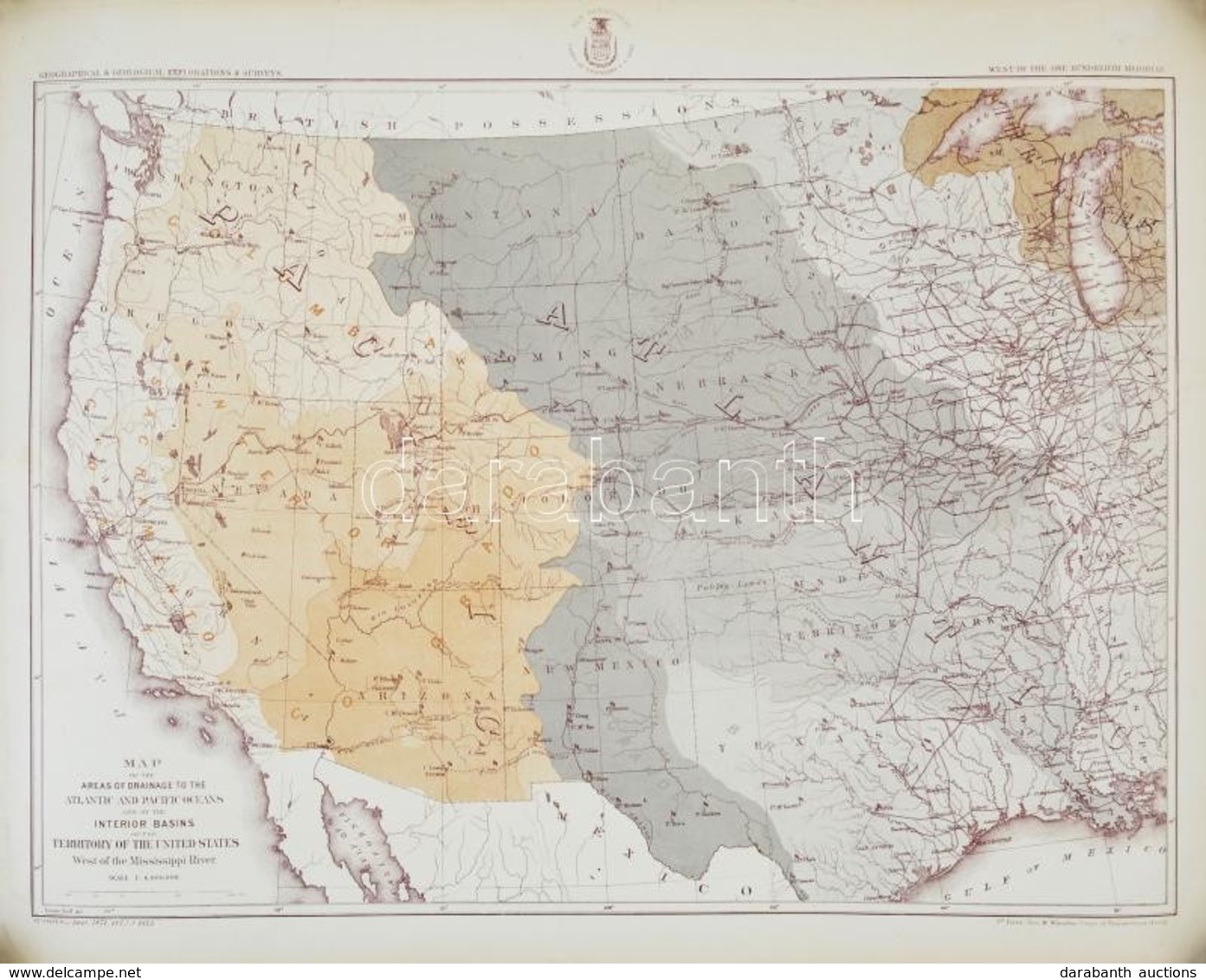 Cca 1874 Map Of The Interior Basins Of The USA, West Of The Mississippi River, 49x61 Cm - Other & Unclassified