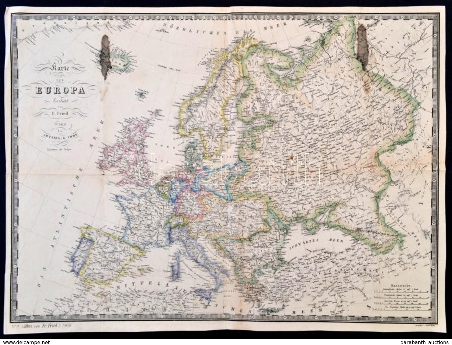 1860 Európa Térképe, F. Fried, Wien, Artaria & Comp., Német Nyelven, Foltos, A Hátoldalán Javítással, 37x50 Cm./
1860 Ma - Other & Unclassified