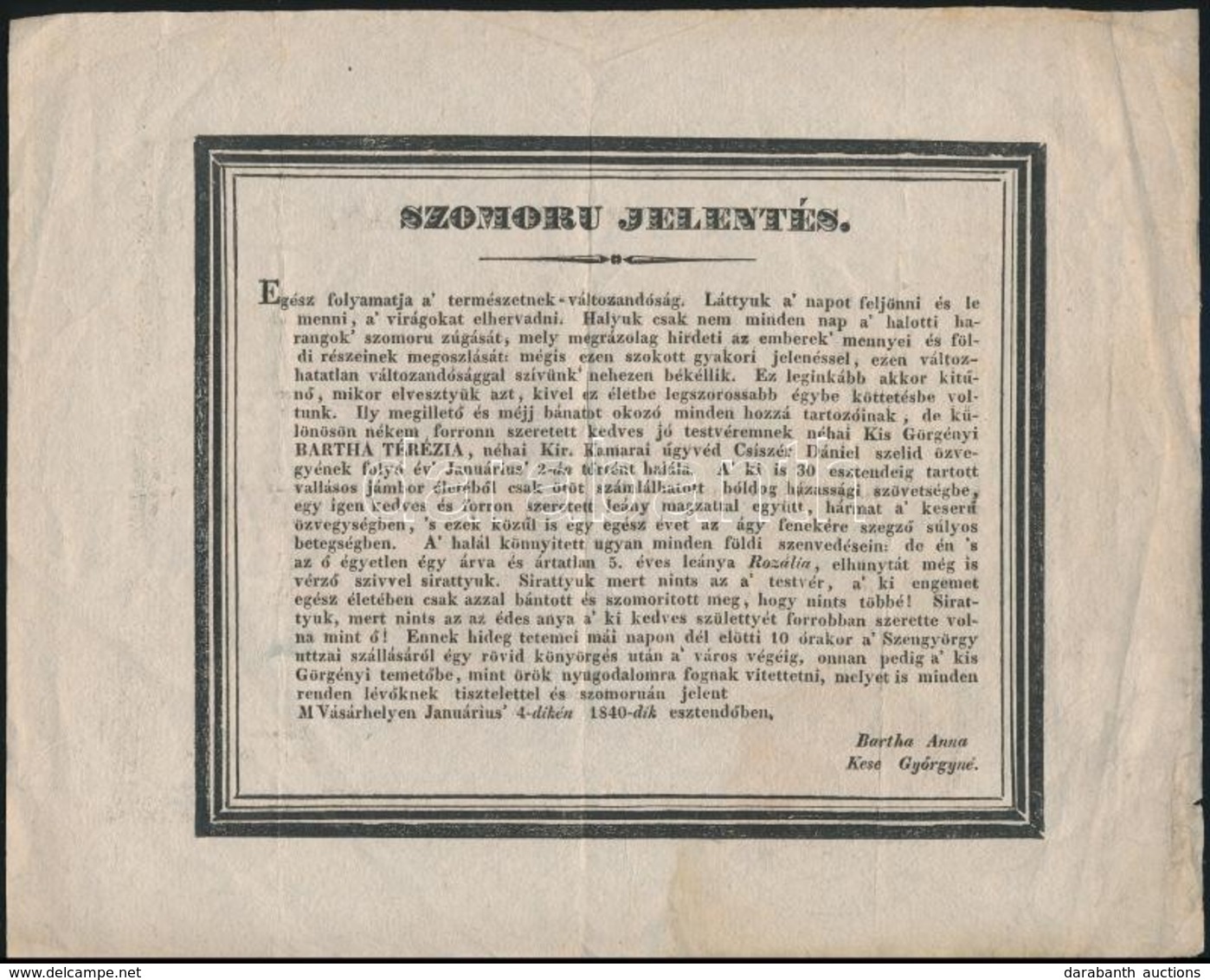 1840 Marosvásárhely, Bensőséges Szövegű Gyászjelentés - Unclassified