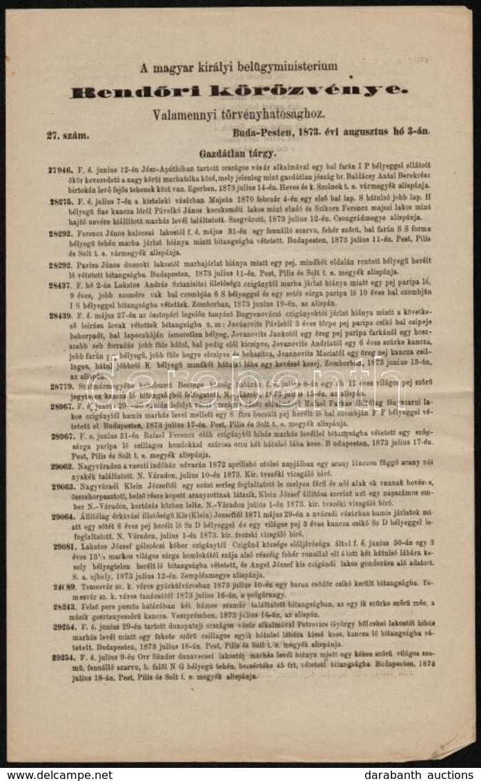 1873 Buda-Pest, A Magyar Királyi Belügyministerium Rendőri Körözvénye Valamennyi Törvényhatósághoz 27. Szám, 34×21 Cm - Unclassified