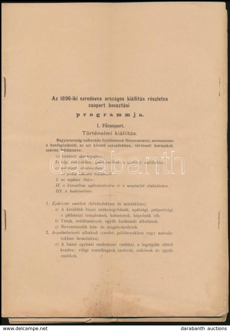 1896 Az 1896-iki Ezredéves Országos Kiállítás Részletes Csoportbeosztási Programja, Tűzött, Kis Sérüléssel - Non Classificati