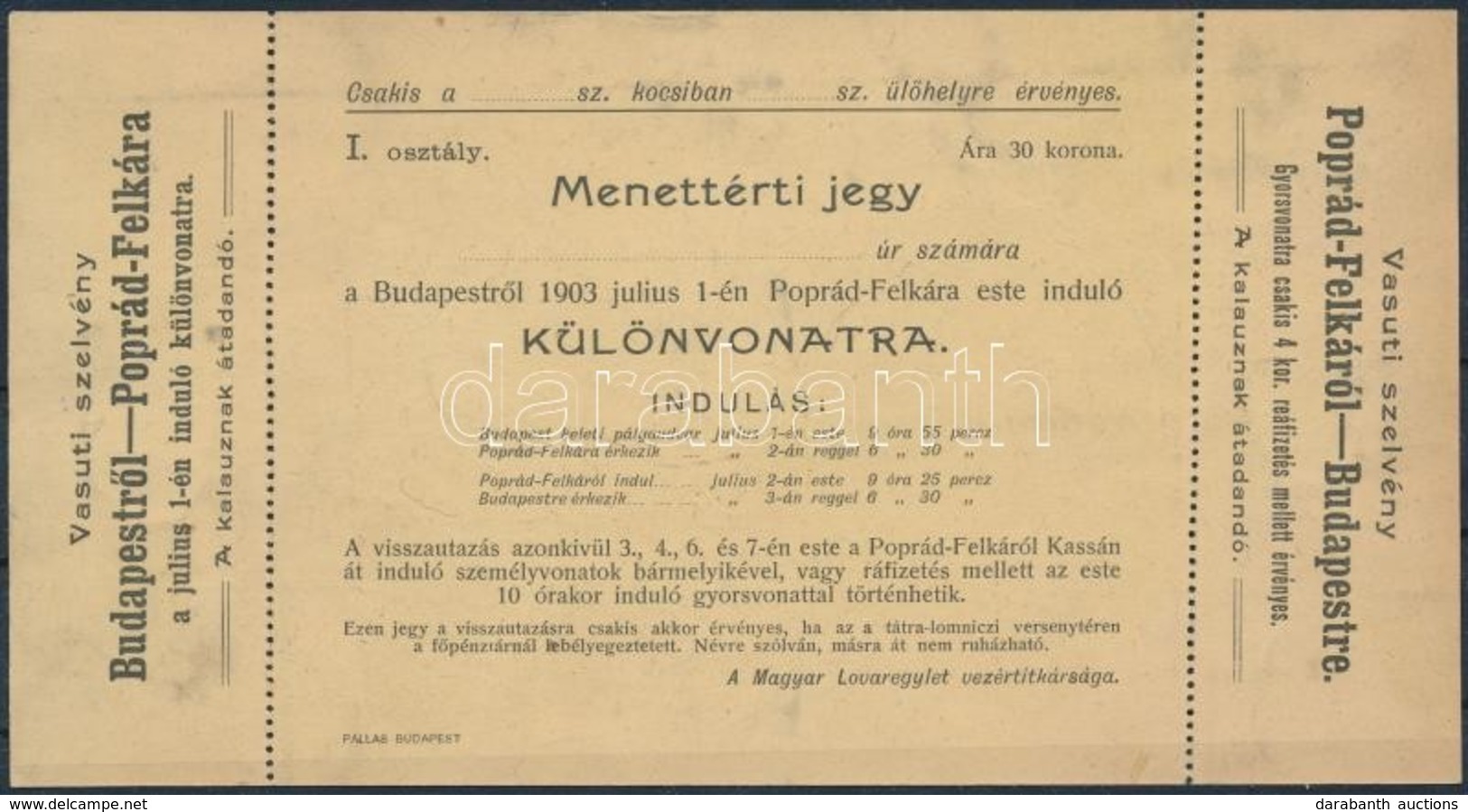 1903 Menettérti Jegy Poprád-Felkára Menő Különvonatra. A Magyar Lovaregylet Szervezésében Megtartott Tavaszi-meeting Iva - Non Classificati