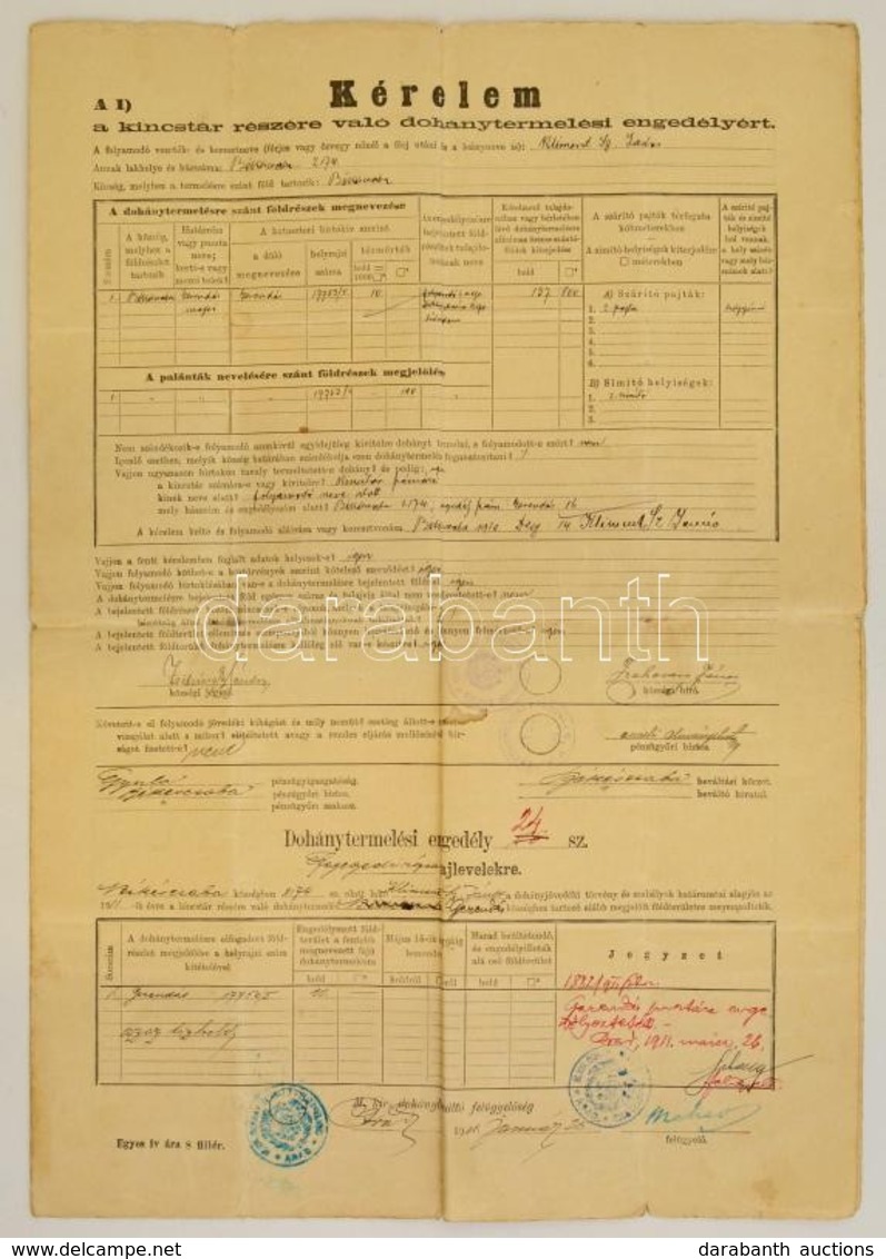 1911 Kérelem A Kincstár Részére Való Dohánytermelési Engedélyért, Pecsétekkel, 50x34,5 Cm - Unclassified