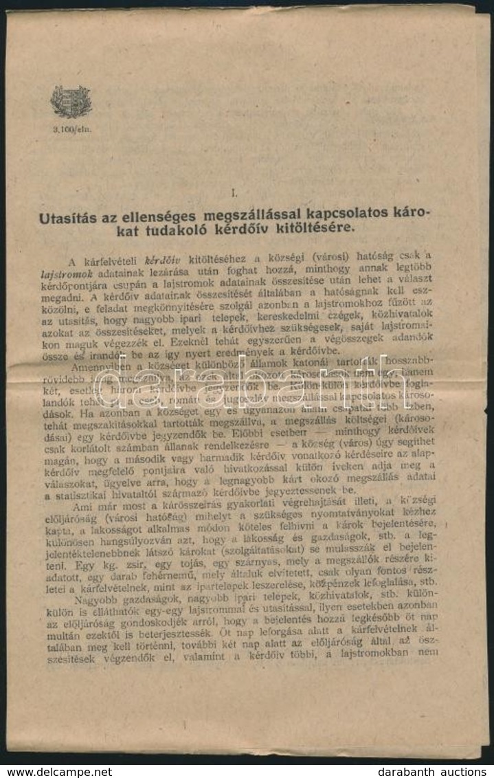 1919  Kossuth Címeres Utasítás A Megszálló Csapatok által Okozott Károk Adminisztratív Rögzítéséről. 4p. - Unclassified