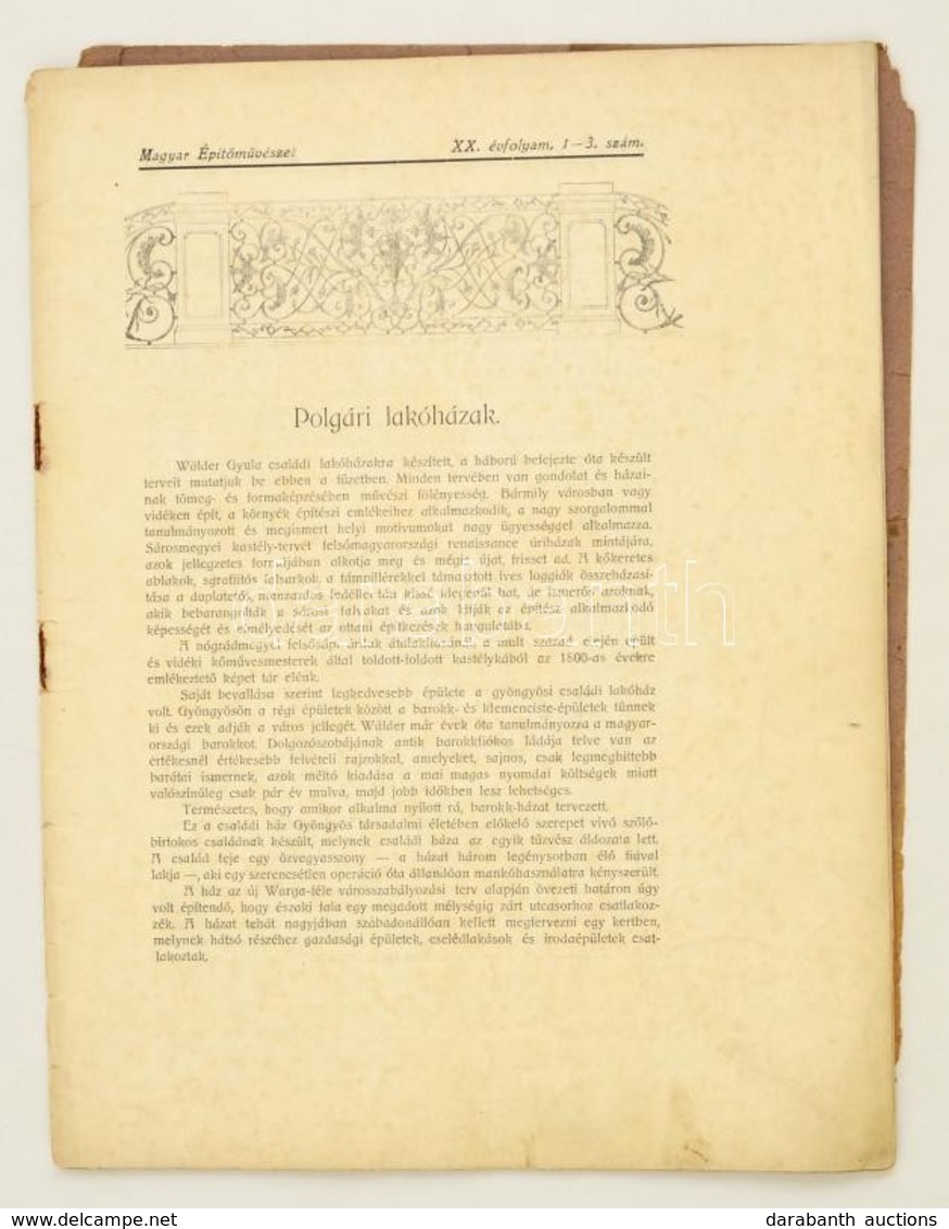 1920 A Magyar Építőművészet 20. évf. 1-3. Lapszáma, érdekes írásokkal, Tűzött Papírkötésben, Hiányos Borítóval - Unclassified