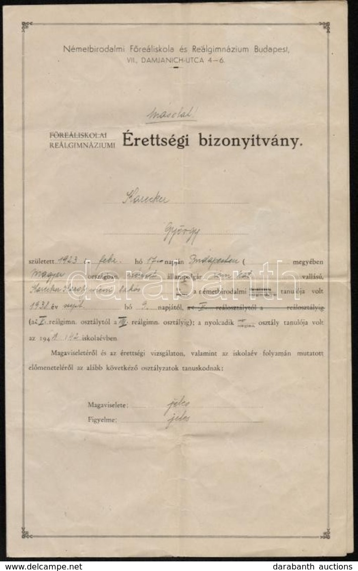 1941 A Budapesti Németbirodalmi Főreáliskola érettségi Bizonyítványa - Unclassified
