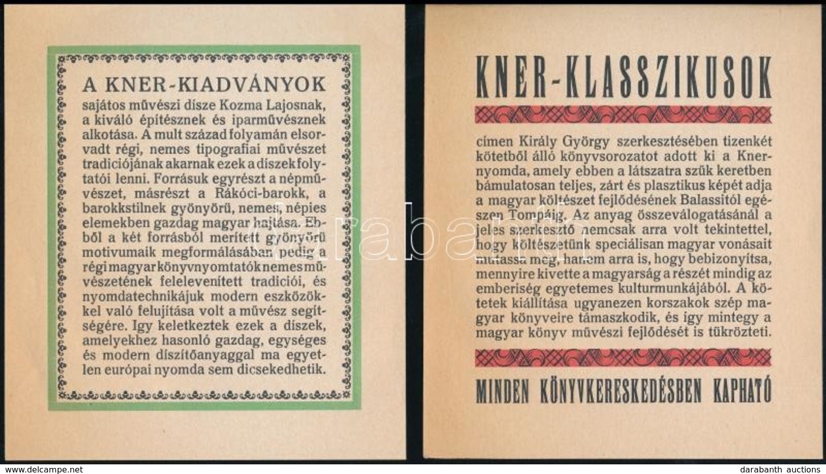2 Db Kner Nyomtatvány: Kner-kiadványok, Kner-klaszikusok, 12x10 Cm. - Unclassified