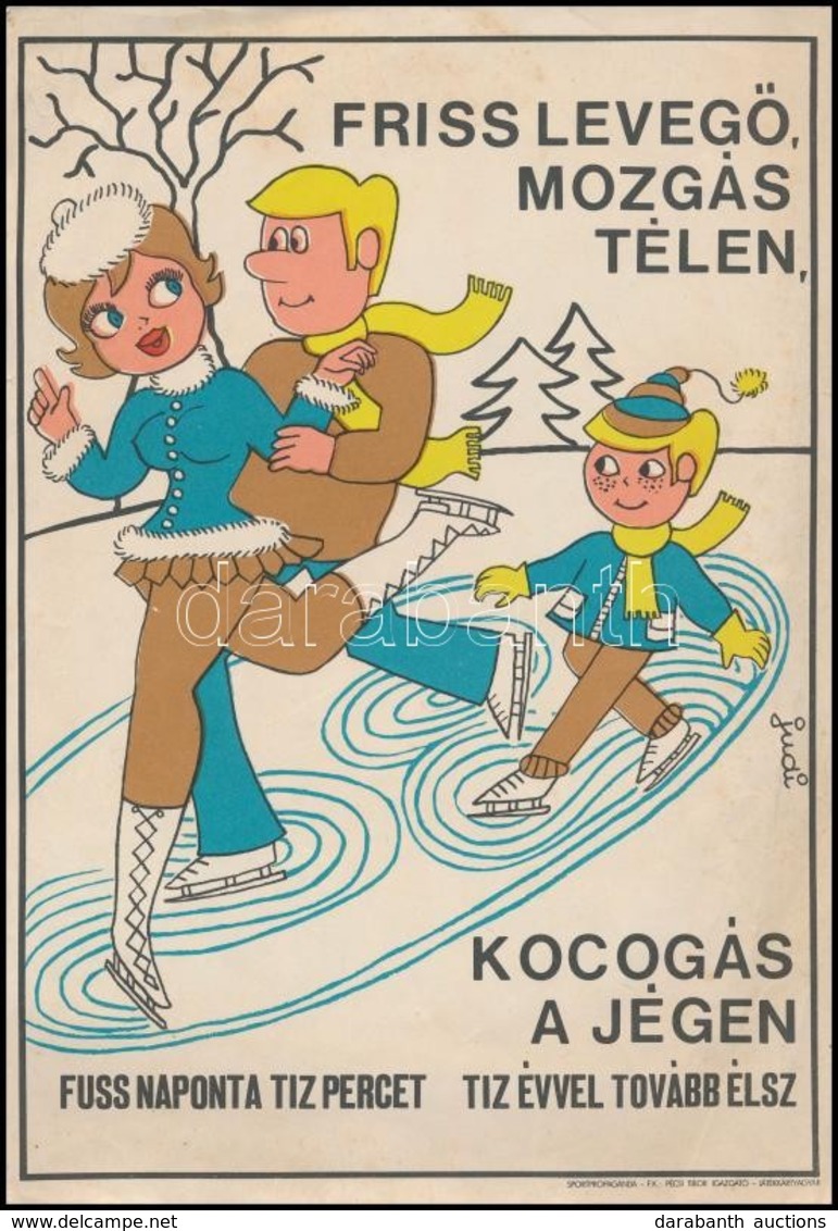 'Friss Levegő, Mozgás Télen, Kocogás A Jégen', Sportpropaganda Villamosplakát, Ofszet, Papír, 24,5×17,5 Cm - Altri & Non Classificati