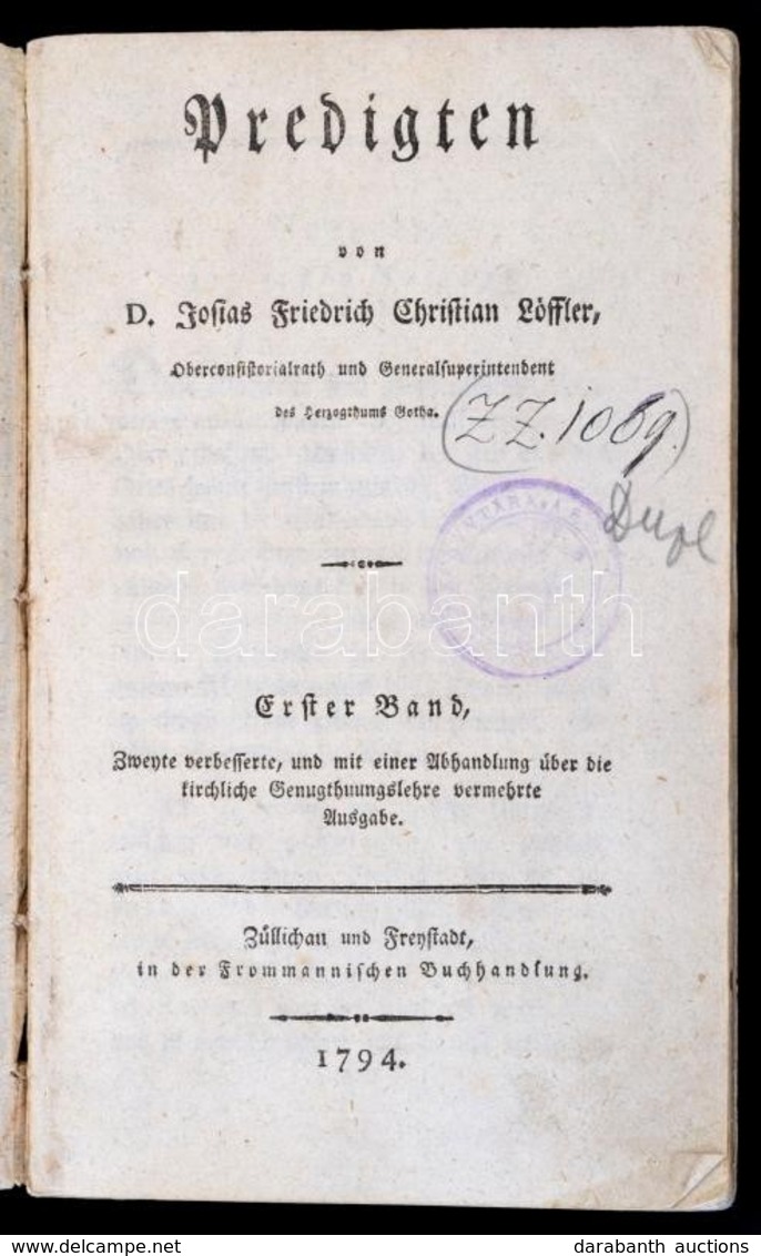 Dr. Josias Friedrich Christian Löffler (1752-1816): Predigten.  I. Kötet. Züllichau-Frenstadt, 1794, Frommannischen Buch - Zonder Classificatie