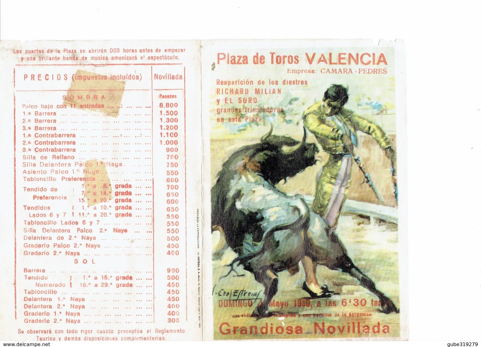 SPAIN 1980 . TAUROMAQUIA - HOJITA PROGRAMA CORRIDA 4 MAYO VALENCIA TOREROS:VICENTE RUIZ EL SORO - RICHARD KILIAN - PEPIN - Programas