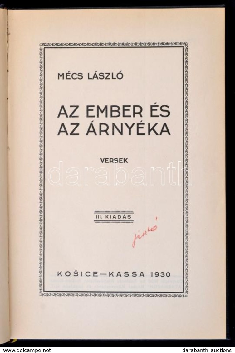 Mécs László: Az Ember és árnyéka. Kassa, 1930, Kazinczy Kiadóvállalat. Harmadik. Kiadás. Kiadói Aranyozott Egészvászon-k - Unclassified