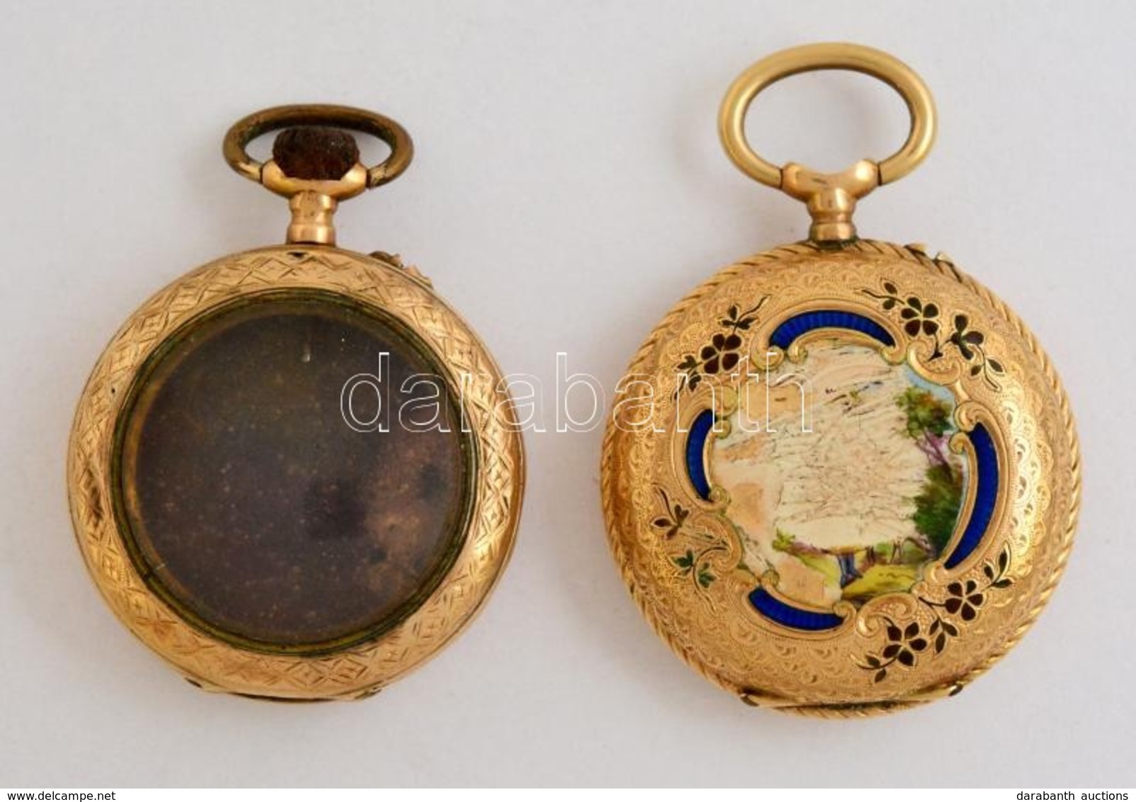 2 Db Régi, Díszített 14 K-os Arany Női Zsebóratok, Egyik üveggel / 2 Old Gold Pocket Watch Cases Bruttó: 16,8 G - Other & Unclassified
