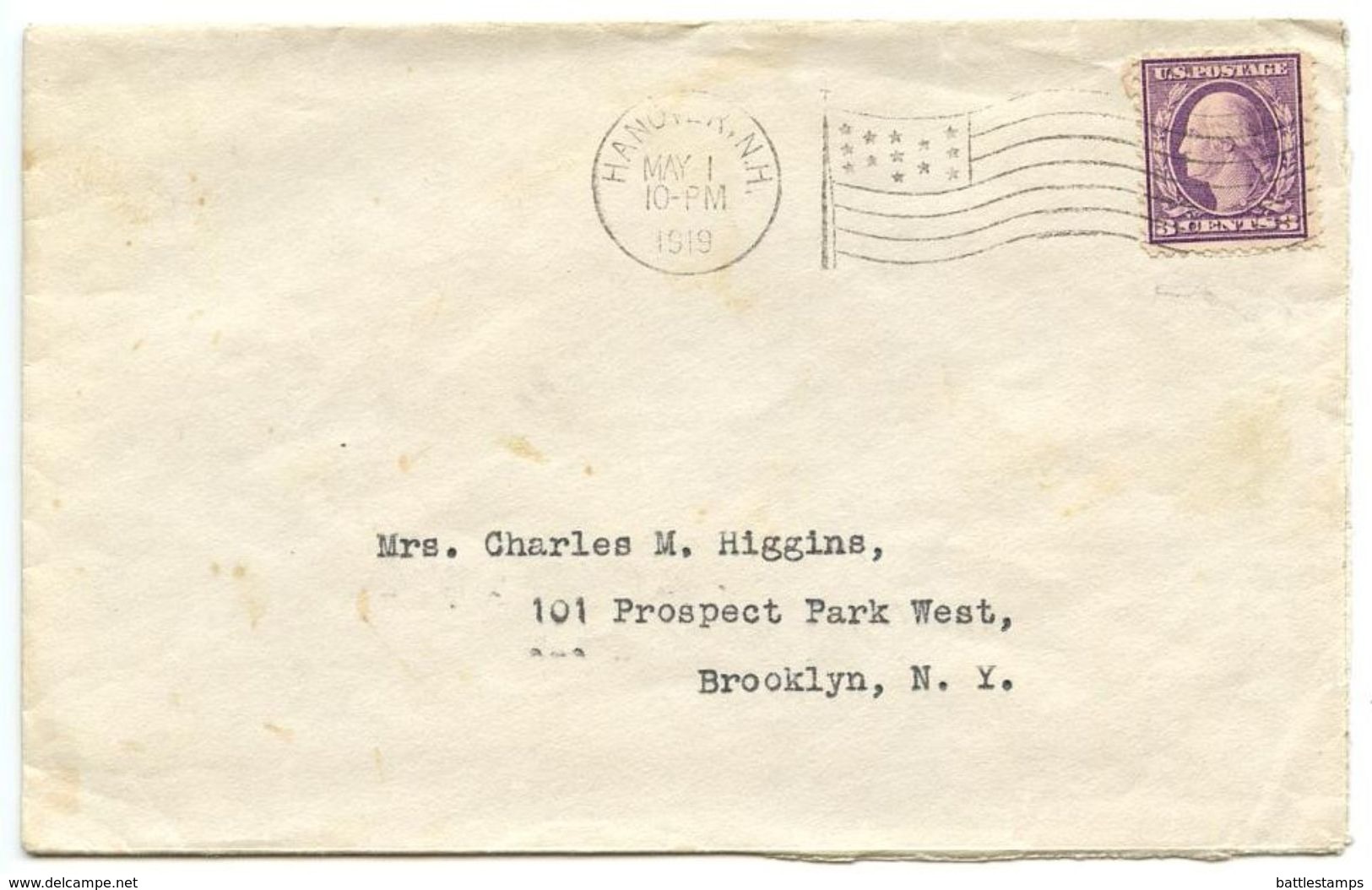 United States 1919 Cover Hanover New Hampshire To Brooklyn NY, Flag Cancel - Brieven En Documenten