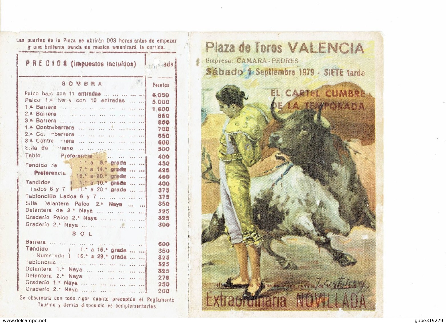 SPAIN 1979 . TAUROMAQUIA - HOJITA PROGRAMA CORRIDA 1 SEPTIEMBRE VALENCIA TOREROS:VICENTE RUIZ EL SORO - MARIO TRIANA -PE - Programas