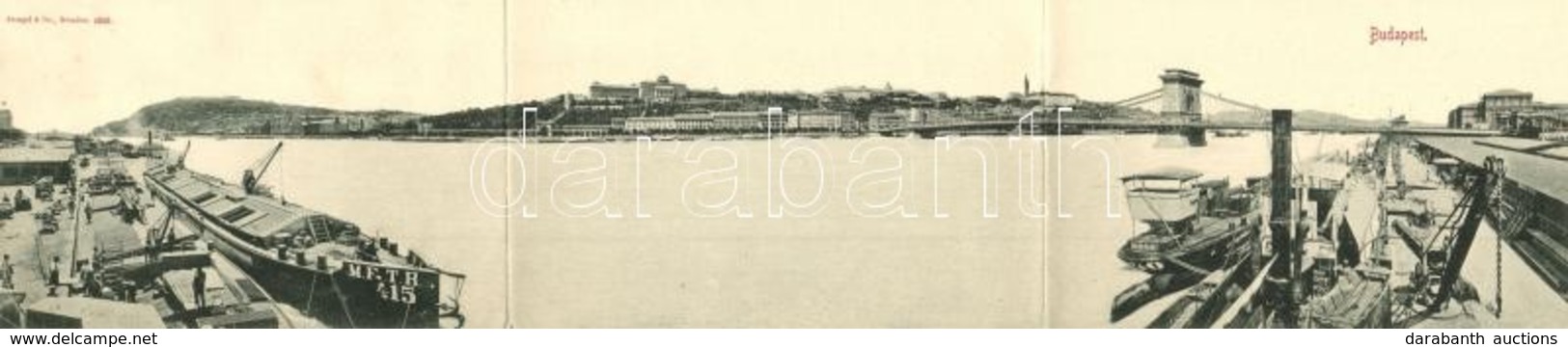 T2/T3 1898 Budapest, 3-részes Kihajtható Panorámalap. Királyi Vár, Lánchíd, MFTR. 415. és DDSG. Uszályok A Rakparton - Unclassified