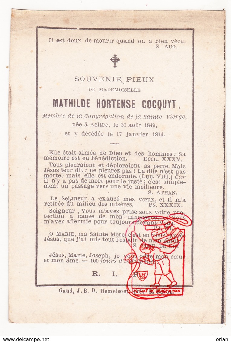 DP Mathilde Hortense Cocquyt 24j. ° Aalter 1849 † 1874 - Images Religieuses