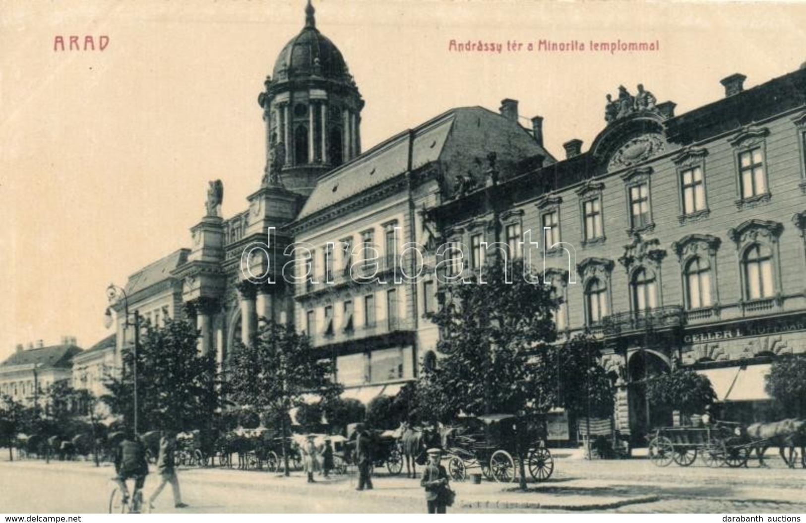 ** T2 Arad, Andrássy Tér, Minorita Templom, Geller I., Hoffmann üzlete, Kerékpár. W. L. 910. / Square, Church, Shops, Bi - Unclassified