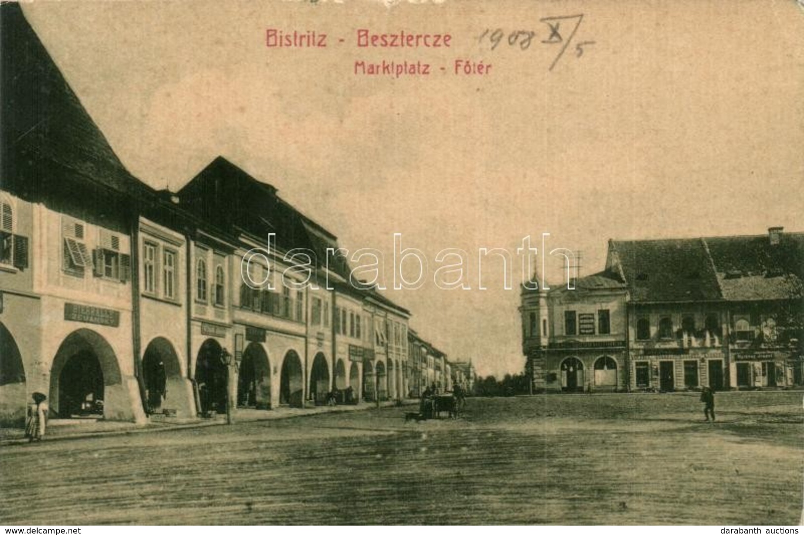 T2/T3 Beszterce, Bistritz, Bistrita; Marktplatz / Fő Tér, Zemansky Sörcsarnok, Carl Lebkuchner, Nyitray József, Friedman - Unclassified