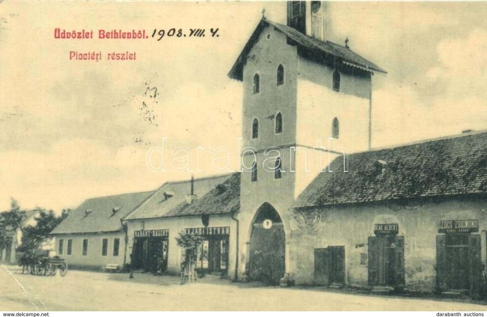 T2/T3 Bethlen, Beclean; Piac Tér, Bárány Bálint, Kalasi István, Deák Albert, Szőcs Zsigmond üzlete. W. L. 1902. / Market - Non Classificati