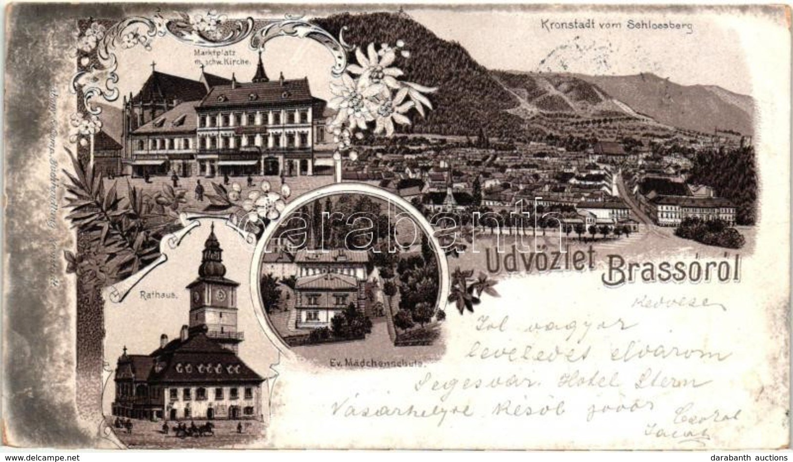 * T2/T3 1899 Brassó, Kronstadt, Brasov; Marktplatz Mit Schw. Kirche, Ev. Mädchenschule, Rathaus. Gabony & Comp. / Piacté - Ohne Zuordnung