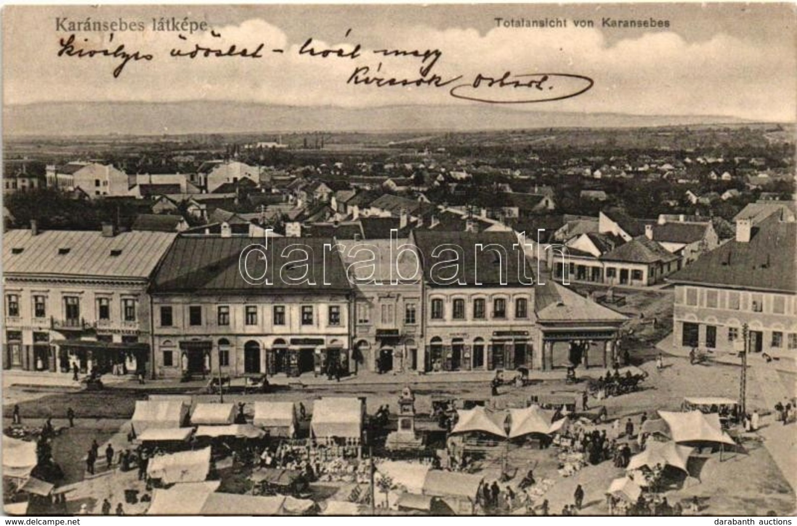 T2/T3 Karánsebes, Caransebes; Látkép, Fő Tér, Piac, árusok, Grünsberger S. Géza üzlete / General View, Main Square, Mark - Unclassified