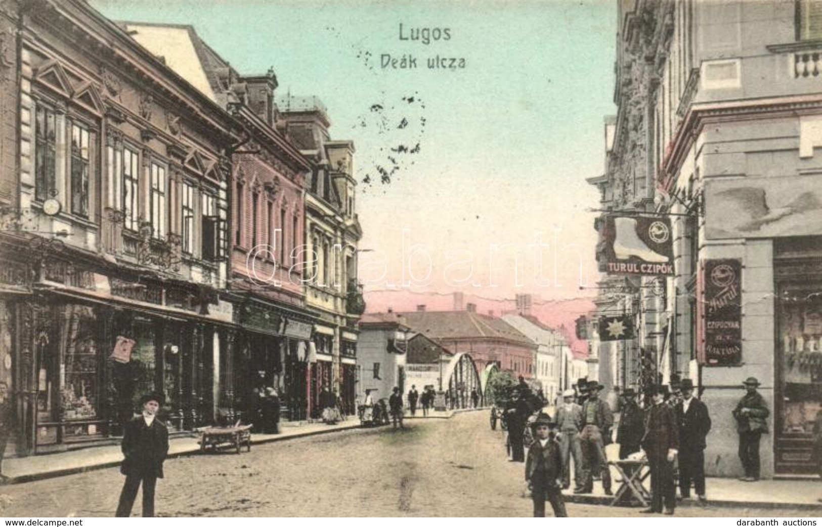 T3/T4 Lugos, Lugoj; Deák Utca, Turul Cipők, Stern József üzlete. Auspitz Adolf Kiadása / Shoe Store, Shops, Street View  - Unclassified