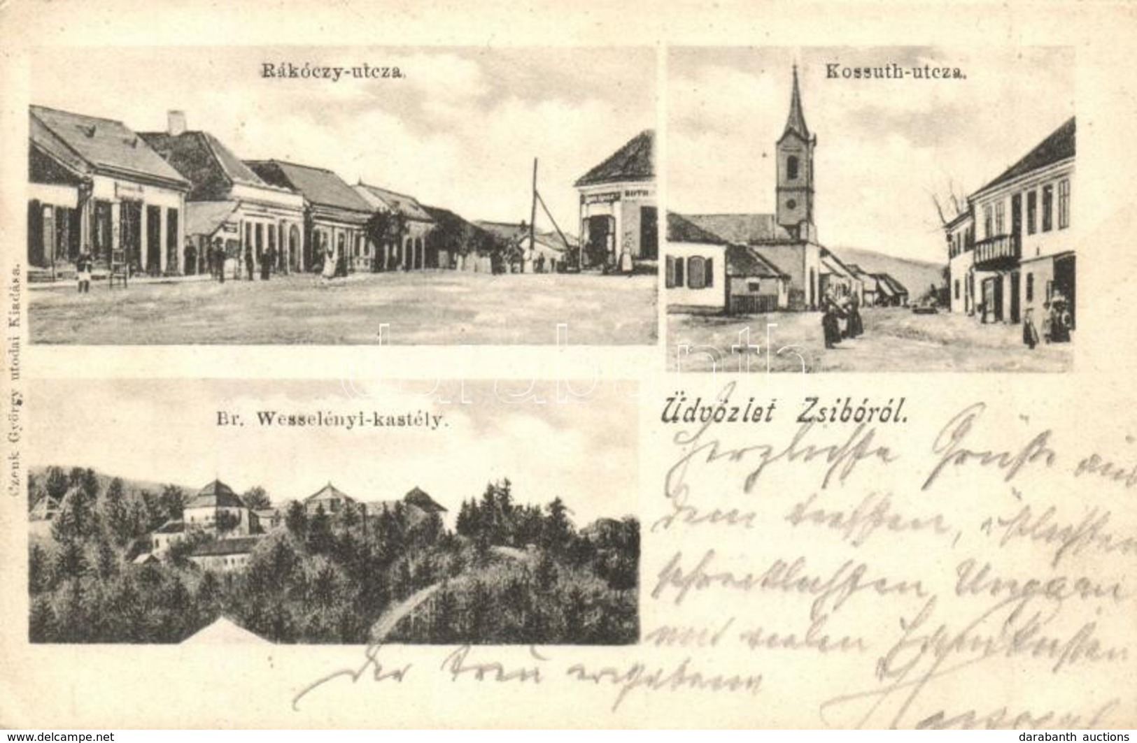 T2/T3 Zsibó, Jibou; Rákóczi és Kossuth Utca, Báró Wesselényi Kastély, üzletek. Czenk György Utódai Kiadása / Streets, Ca - Unclassified