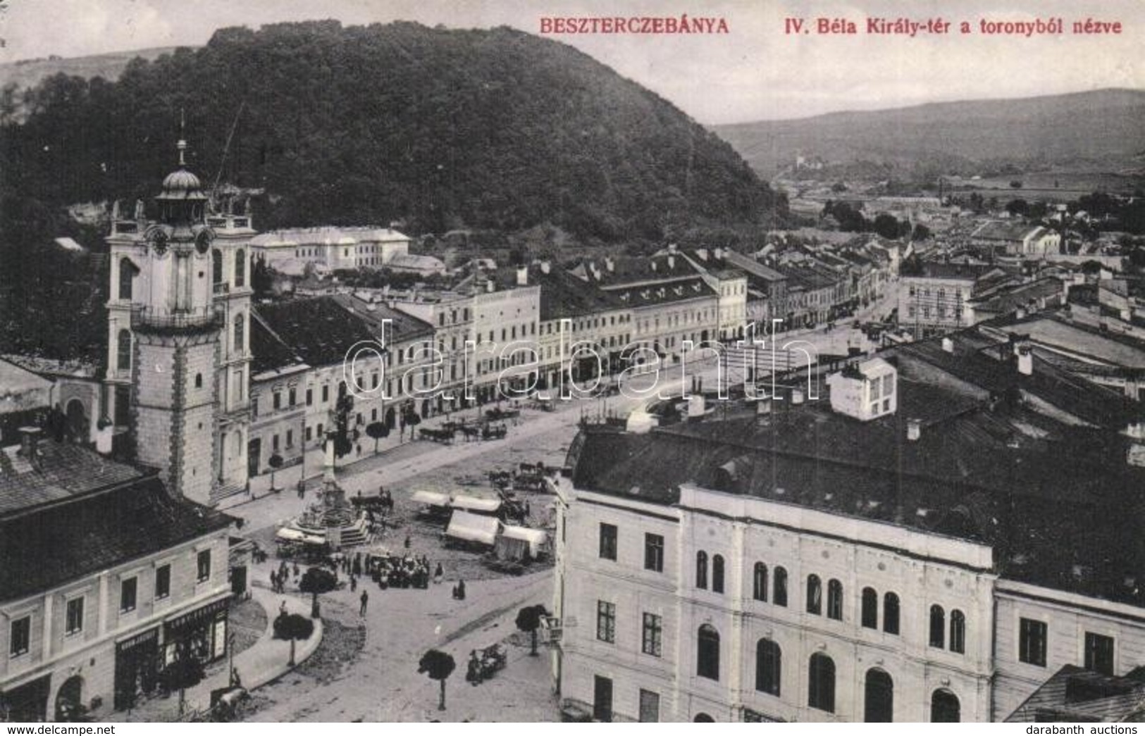 T2/T3 Besztercebánya, Banska Bystrica; IV. Béla Király Tér A Toronyból Nézve, Kohn József és Lőwy Ferenc üzlete / Square - Non Classificati