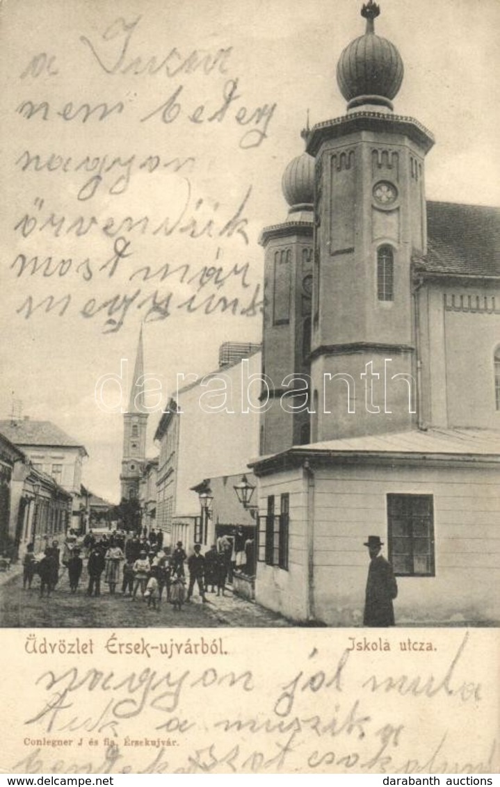 T2/T3 Érsekújvár, Nové Zámky; Iskola Utca, Zsinagóga. Conlegner J. és Fia Kiadása / Street View, Synagogue (EK) - Unclassified