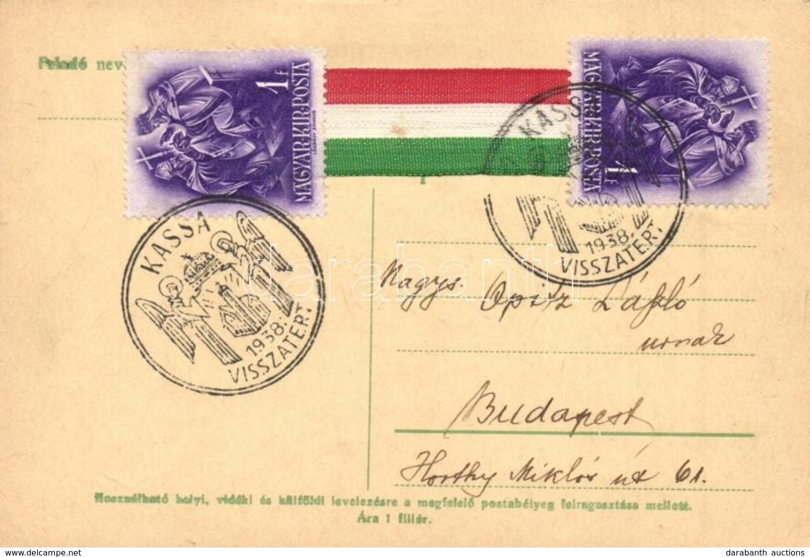 T2/T3 Kassa, Kosice; Magyar Szalagos Irredenta Lap / Hungarian Ribbon '1938 Kassa Visszatért' So. Stpl (EK) - Unclassified