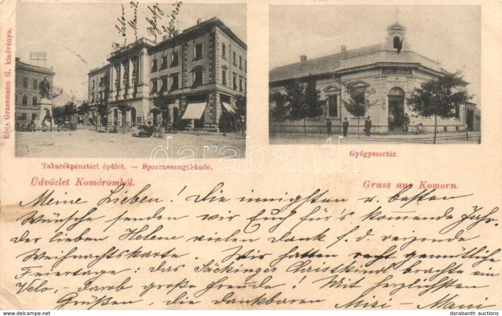 T3 1898 Komárom, Komárno; Takarékpénztári épület, Gyógyszertár, Kerékpár. Grassmann G. Kiadása / Savings Bank, Pharmacy, - Unclassified