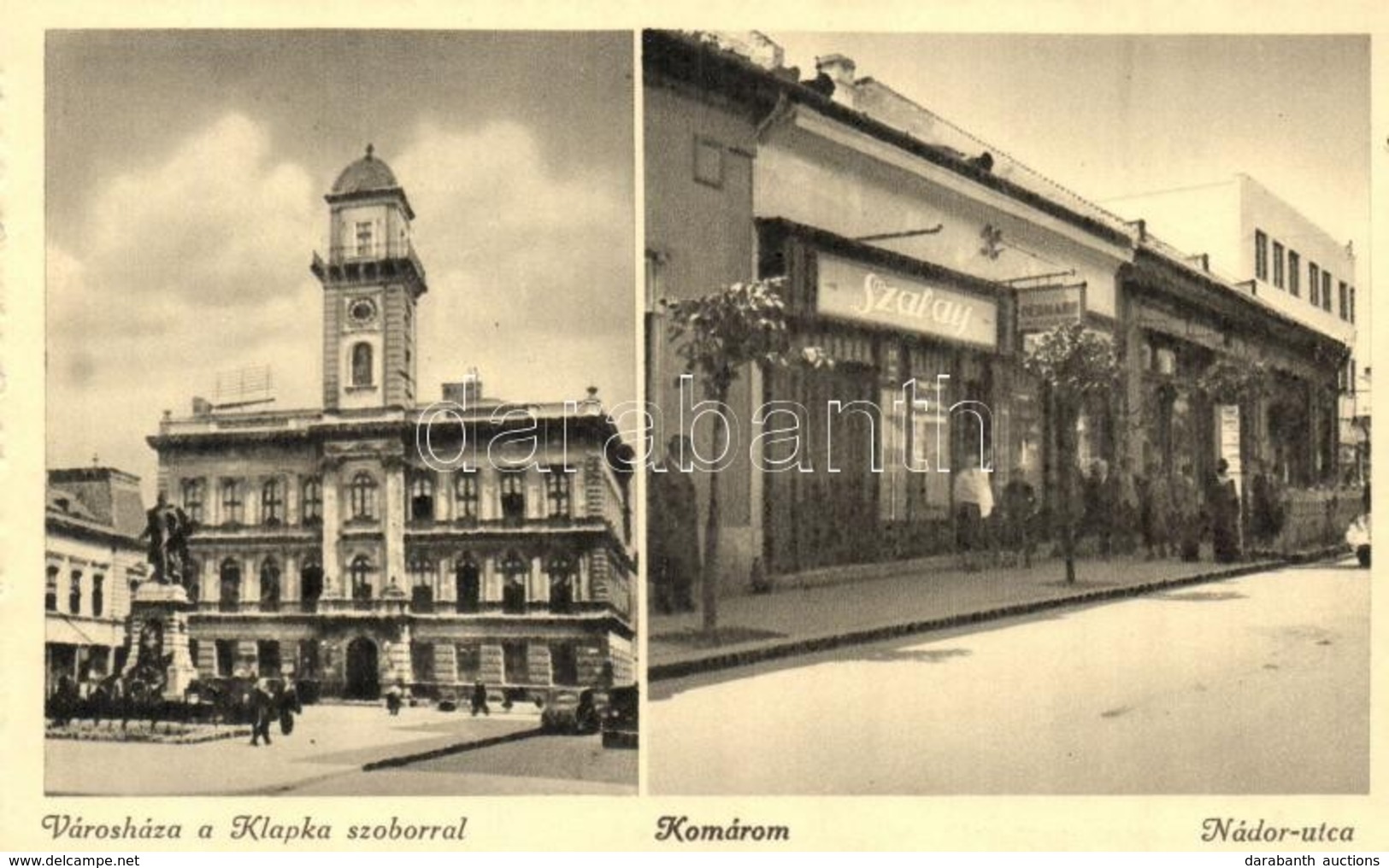 ** T2/T3 Komárom, Komárno; Városháza, Klapka Szobor, Nádor Utca, Szalay üzlete / Town Hall, Statue, Street, Shop (ázott  - Ohne Zuordnung