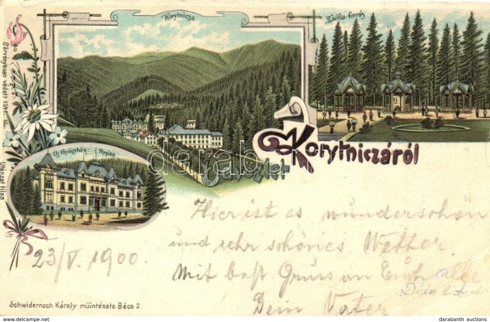 T3 Koritnyica, Korytnica; Zsófia Forrás, Új Gyógyház Hygiea / Spring, Spa. Schwidernoch Károly Art Nouveau, Floral, Lith - Unclassified