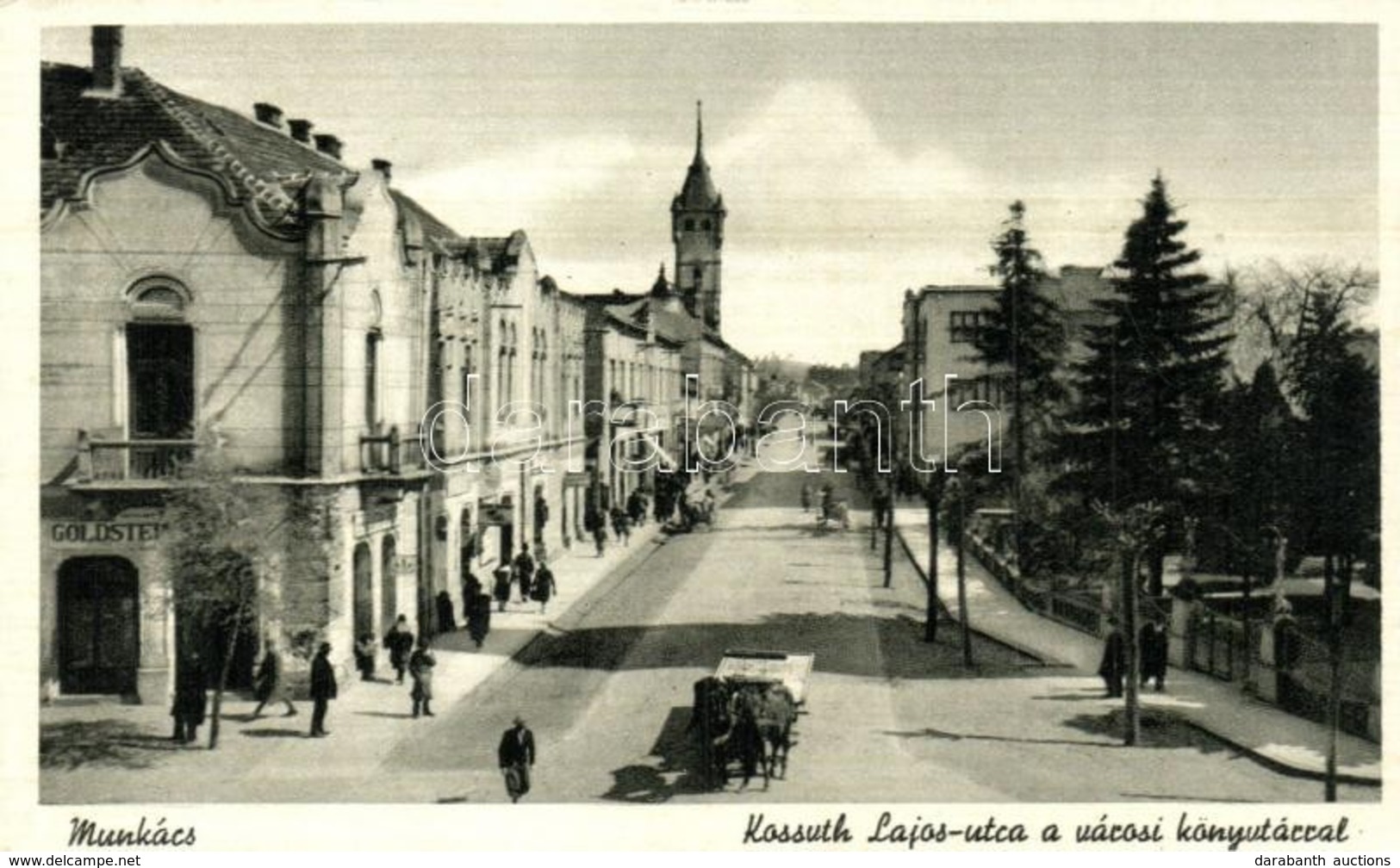 ** T2 Munkács, Mukacheve, Mukacevo; Kossuth Lajos Utca, Városi Könyvtár, Goldstein üzlete / Street View With Library, Sh - Unclassified