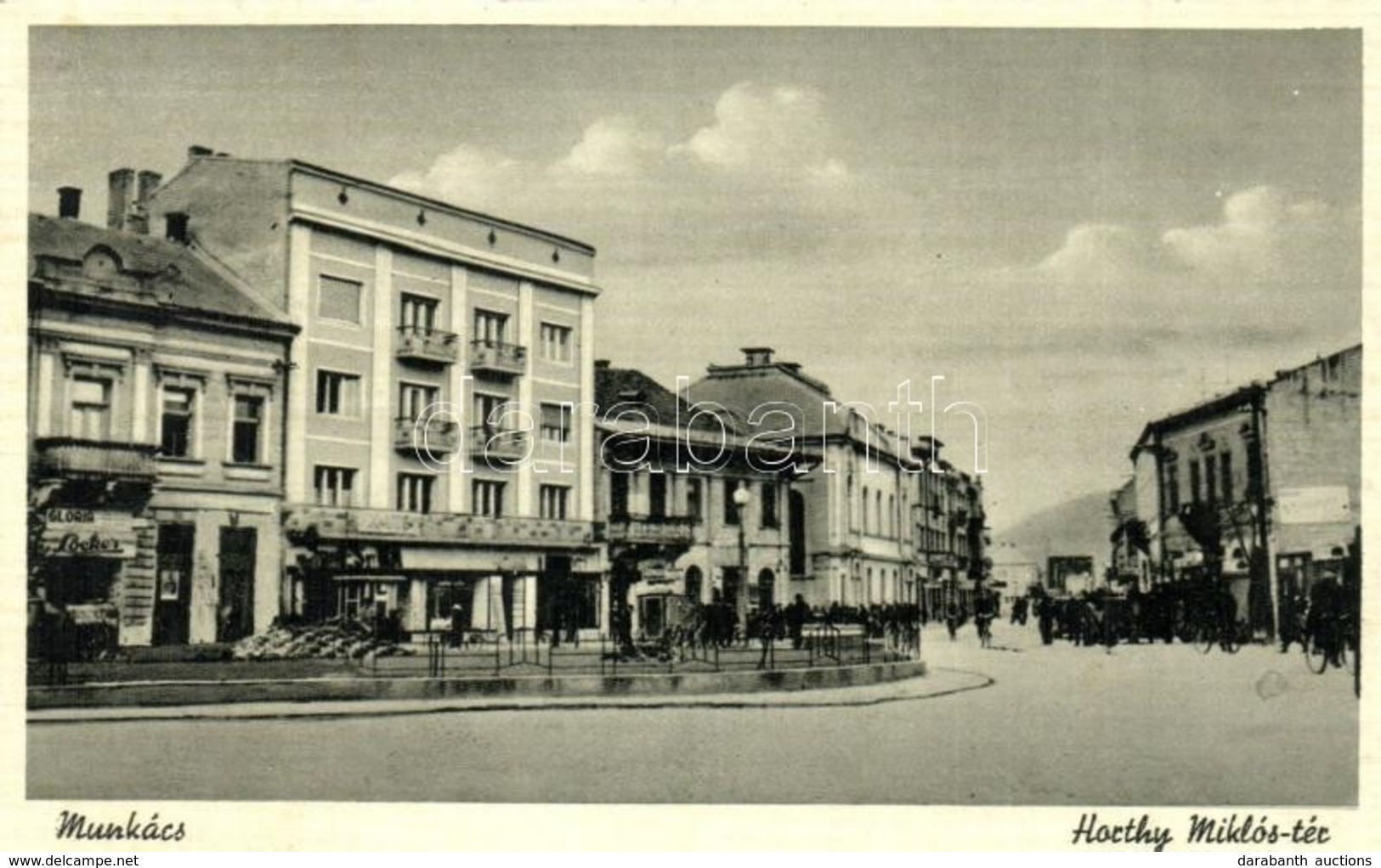 ** T2 Munkács, Mukacheve, Mukacevo; Horthy Miklós Tér, Gloria és Löcker üzlete / Square, Shops - Unclassified