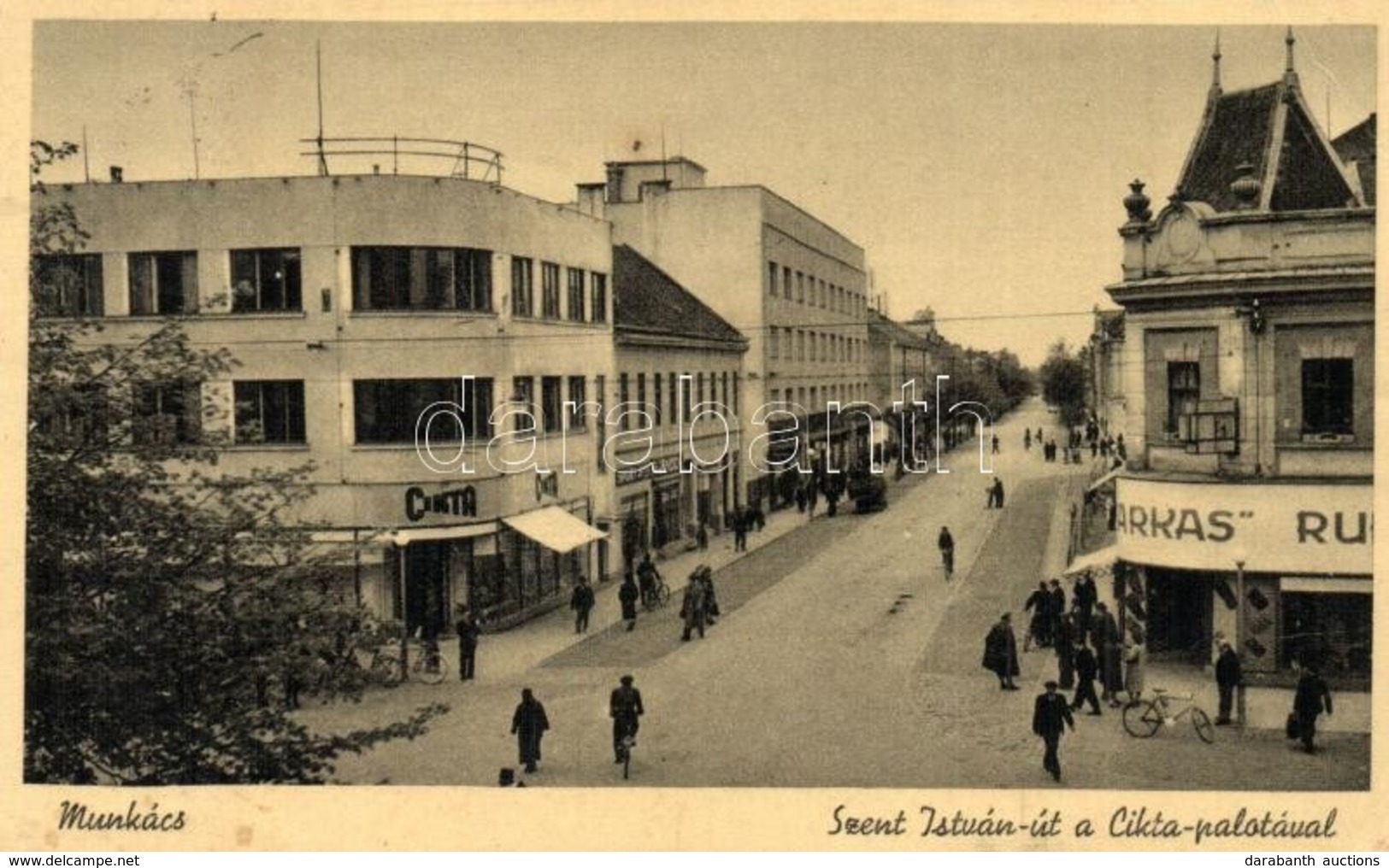 T2/T3 Munkács, Mukacevo, Mukacheve; Szent István út, Cikta Palota, Farkas Ruha áruháza, üzletek / Street View With Shops - Non Classés