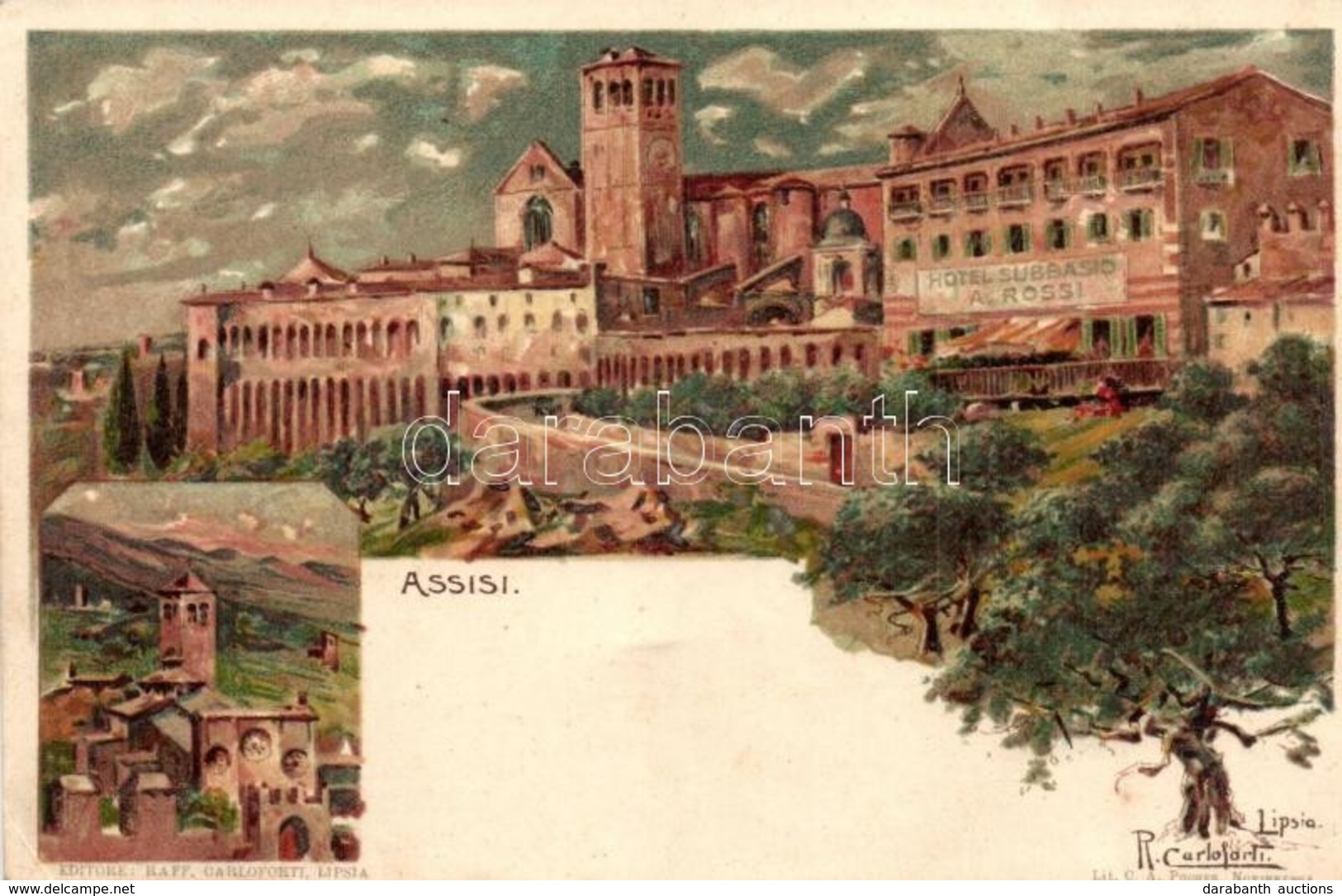 * T2/T3 Assisi, Hotel Subbasio A. Rossi. Lith. C.A. Pochner Litho S: Raff. Carloforti (EK) - Non Classés